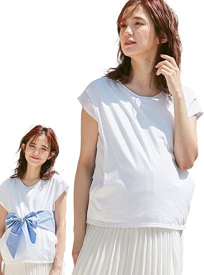Amazon Co Jp Angeliebe エンジェリーベ マタニティ 授乳口付 リボン付き トップス 産前産後 授乳服 半袖 Tシャツ カットソー フリー シロ ストライプ 服 ファッション小物
