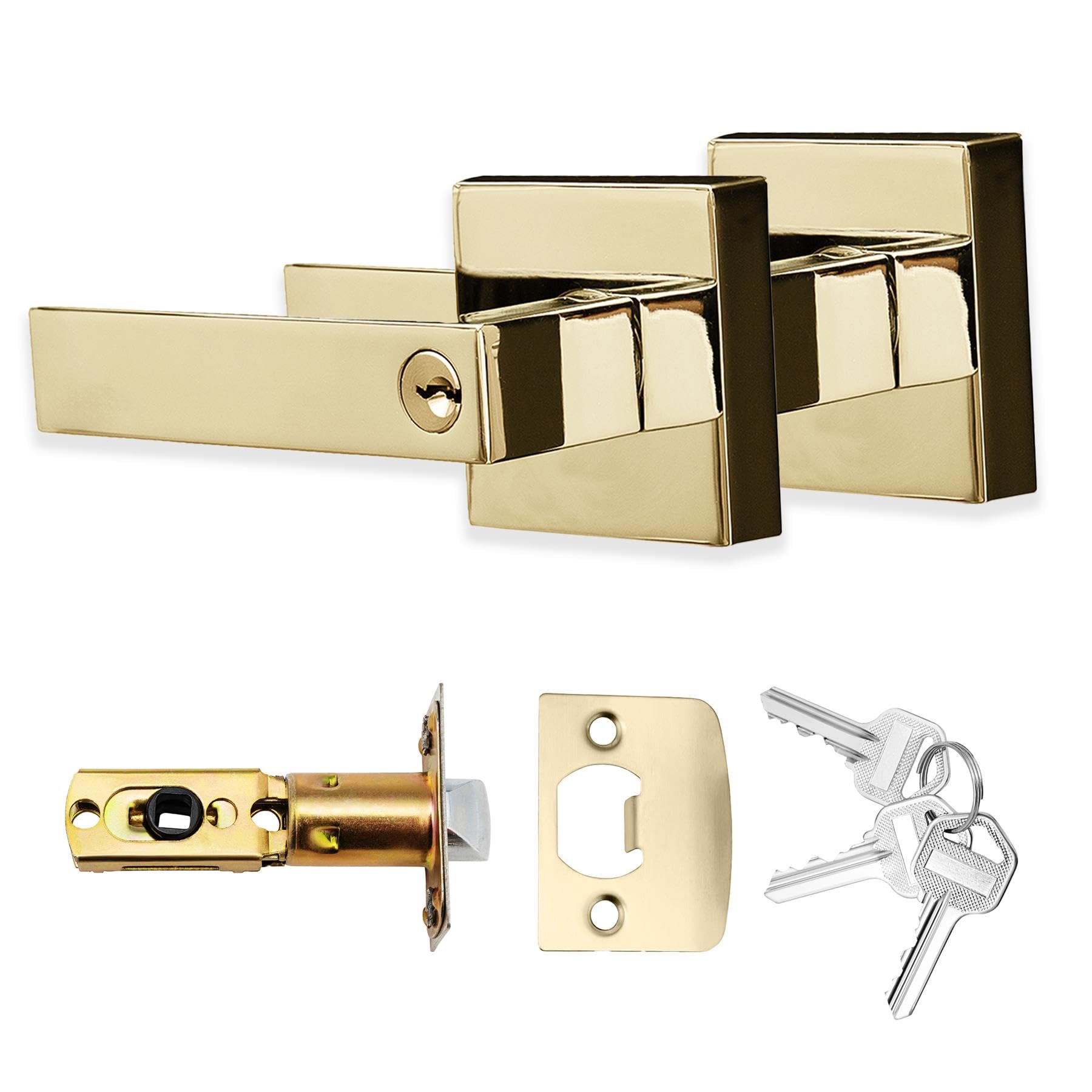 XFORT Quad Entrance Knob Set Polished Brass, Door Knob with Lock for Internal Wooden Doors, Complete Set with Tubular Latch and 3 Keys