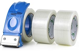 BOMEI PACK Strapping Tape 2Inch with Dispenser, Mono Fiberglass Reinforced Packing Tape with String for Shipping, 3Rolls x 5.