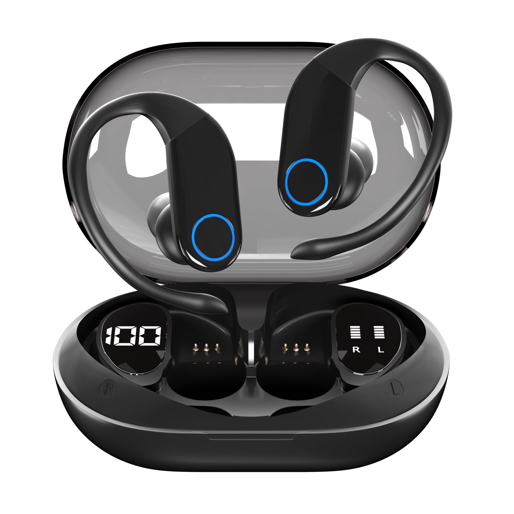 Photo 1 of **only to use for replacements***Hulaed Wireless Earbuds with Charging Case,Bluetooth 5.3 Headphones Digital Display 48 Hrs Playtime Sports Ear Buds with Earhook Deep Bass IPX6 Waterproof Earphones for TV Phone Laptop - Black
