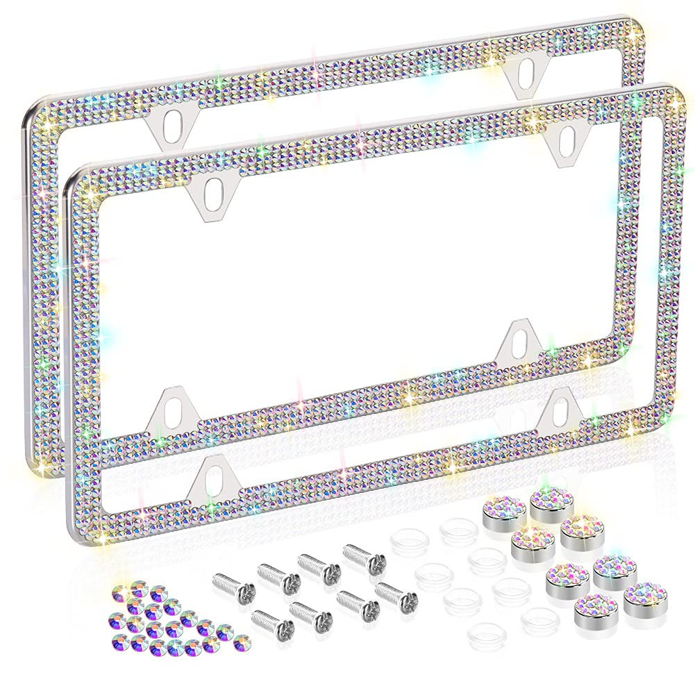 Photo 1 of SAVORI Bling License Plate Frames Stainless Steel 4 Holes 3 Row Slim Design with Car Licence Plate Covers Cute Women Girls Auto Accessories for US Vehicles (2 Pack, Multicolor)