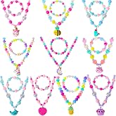 PinkSheep Jewelry Sets Beaded Necklace and Beads Bracelet for Kids Girls 10 Sets Unicorn Cat Bird Owl Necklace and Beads Little Favors Bags for Girls Princess Dress Up Pretend Play