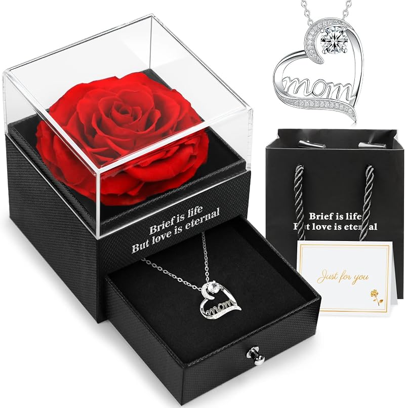 Hnustbo Preserved Real Rose with Mom Necklace - Perfect Gift for Mothers Day