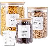 3 Pcs Glass Canisters with Airtight Bamboo Lids and 42 Kitchen Pantry Labels Preprinted - Clear Glass Flour and Sugar Storage Container Set - Large Glass Jars with Wood Lids(100 OZ/54 OZ/27 OZ)
