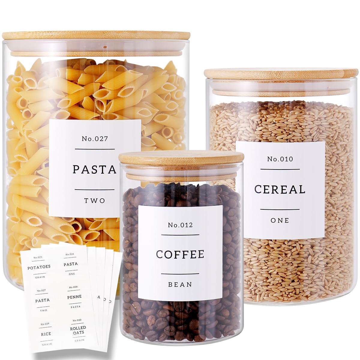 Photo 1 of 3 Pcs Glass Canisters with Airtight Bamboo Lids and 42 Kitchen Pantry Labels Preprinted - Clear Glass Flour and Sugar Storage Container Set - Large Glass Jars with Wood Lids(100 OZ/54 OZ/27 OZ)