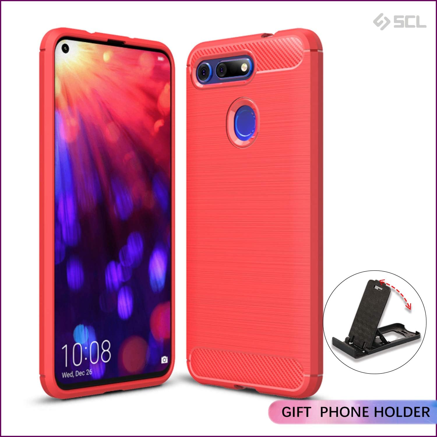SCL [Red] Case for Honor View 20, Carbon Fibre Effect Gel Grip Protection Cover [Anti Scratch][Anti Collision] Compatible with The Honor View 20