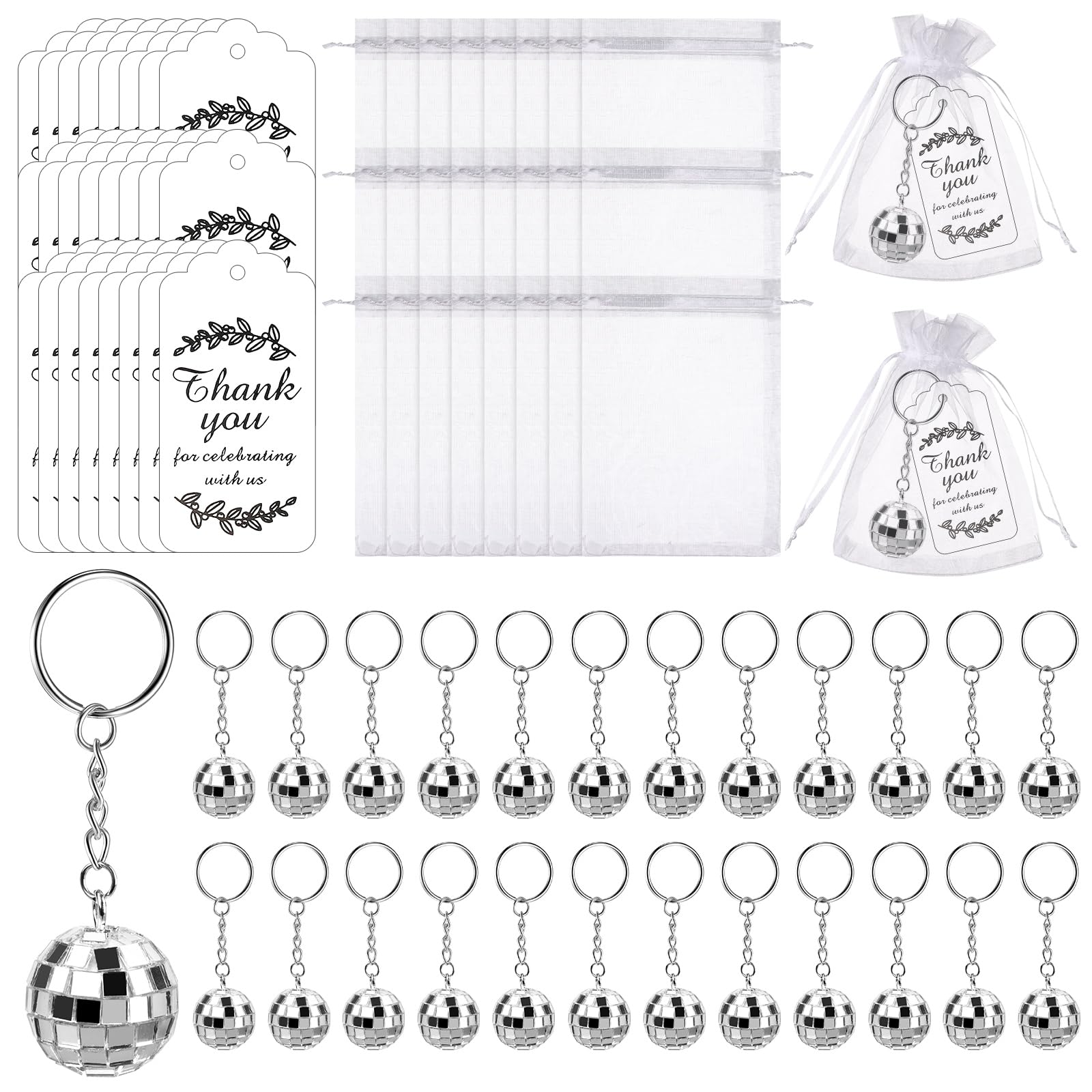 BANBAN 72 PCS Mirror Disco Ball Keychain with Thank You Tags and Organza Bags - Mini Disco Ball Keychain for Wedding Decorations