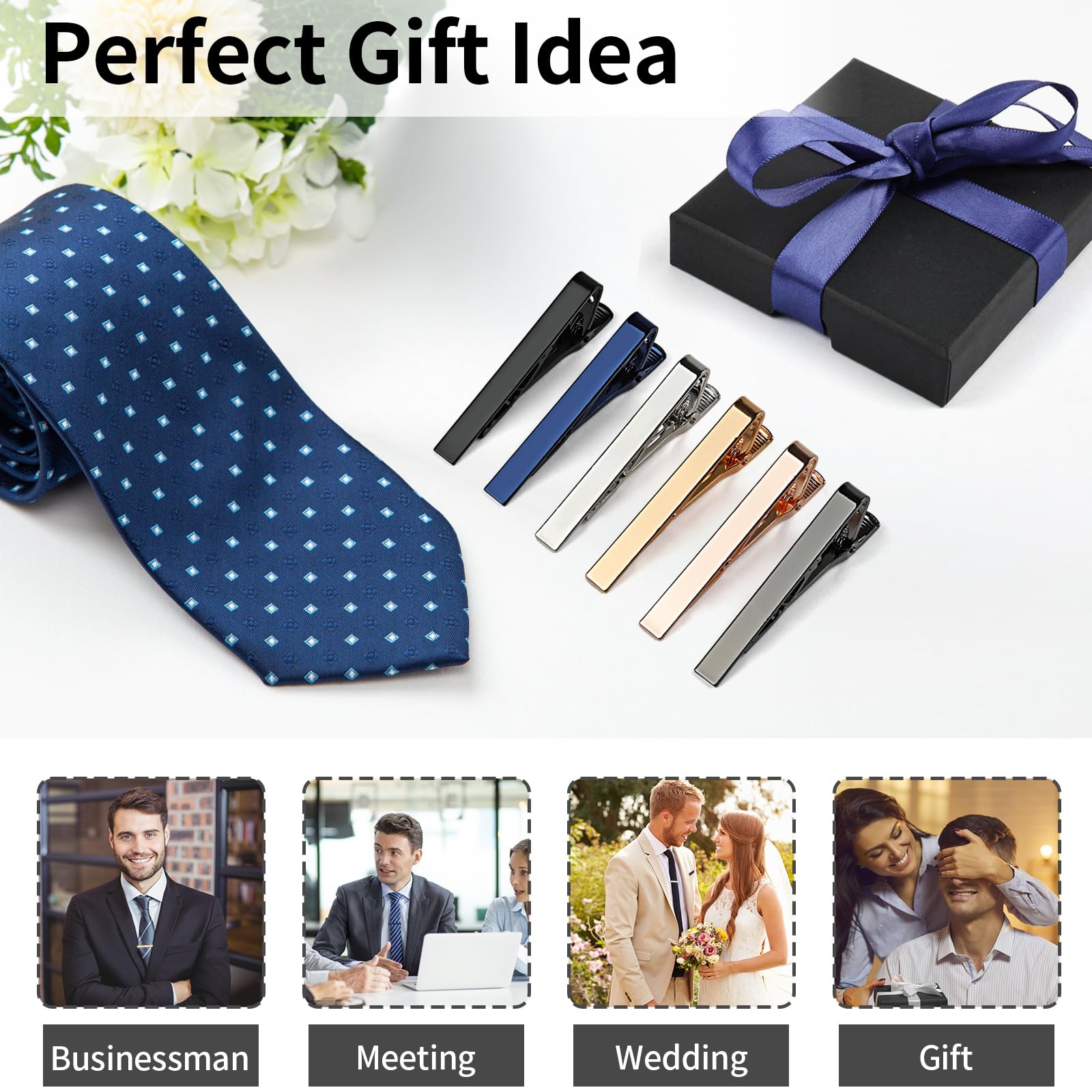 6 Pcs Tie Clips for Men, 6 Classic Colors Shiny & Glossy Tie Bar, Ideal for Father, Husband, Boyfriend, Business, Wedding, Tie Pins with Gift Box