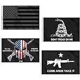 KENPMA 4 Pieces All Black American Flag 3x5 ft - Gadsden Don't Tread On Me Flag - Liberty or Death 2nd Amendment 1789 USA Skull Flags - Come and Take It Flag with Grommets - Printed Polyester