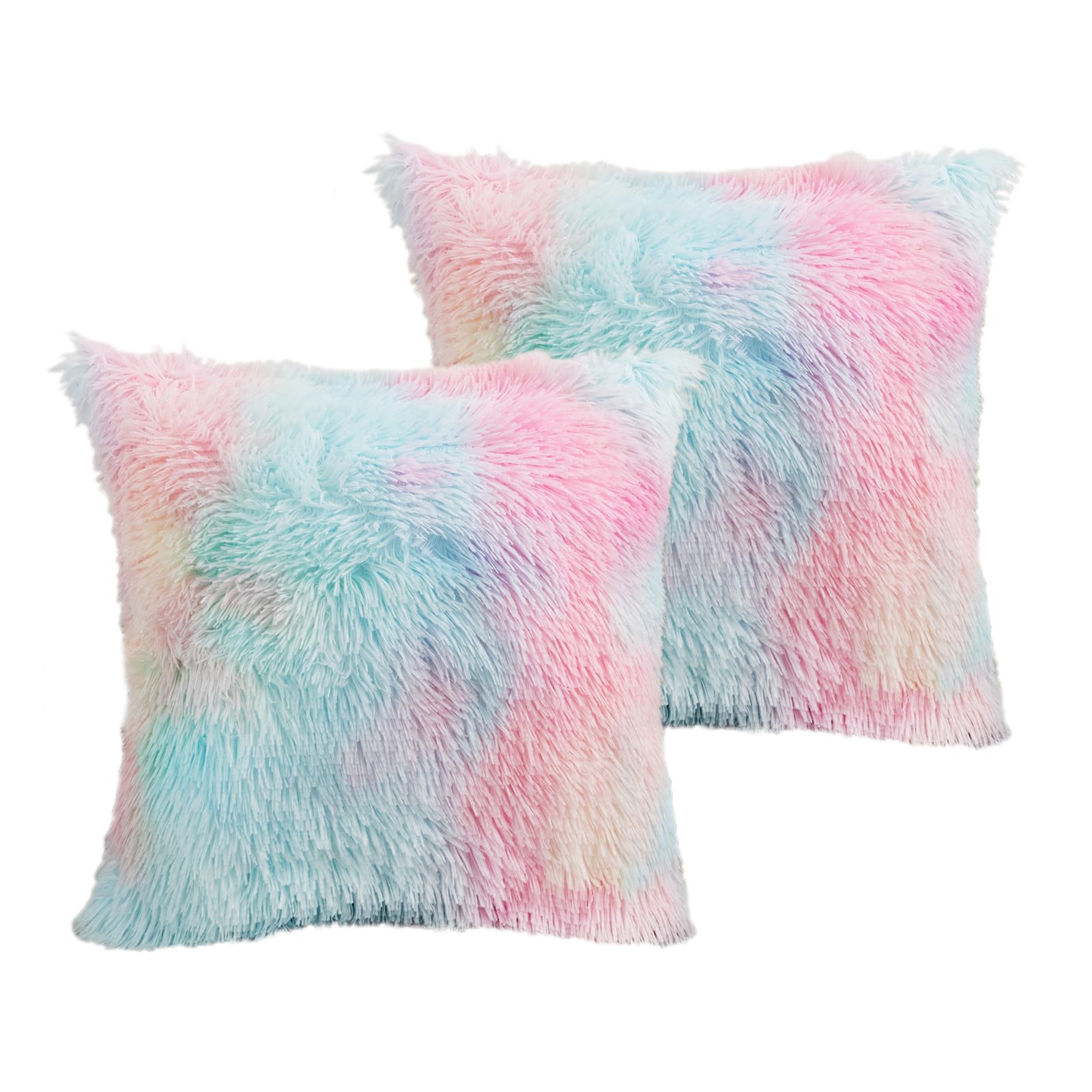 Labilin Faux Fur Fluffy Cushion Covers 2 Pack Plush Decorative Pillowcase Soft Velvety Throw Pillow Cover 18x18 Rainbow Luxury Square Cushion Cover for Sofa Living Room Home Decor