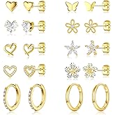14K Gold Plated Earrings Set Cute Cubic Zirconia Stud Earrings Gold Heart Flower CZ Earring Hypoallergenic Dainty Cartilage Earring for Jewelry Gift