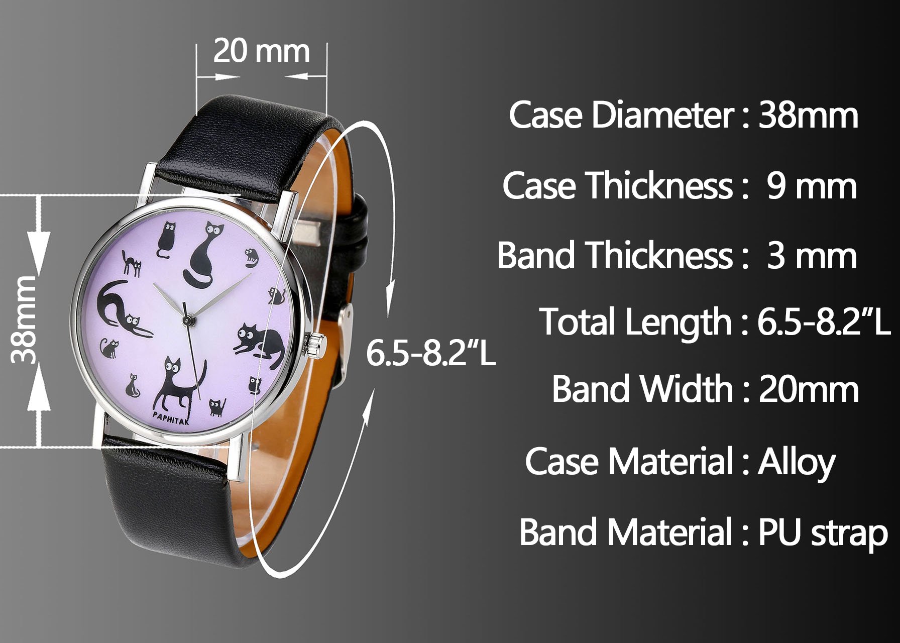 JSDDE Montre Femme Montre Chat Fille Animale Rétro Bracelet en PU Analogue Quartz