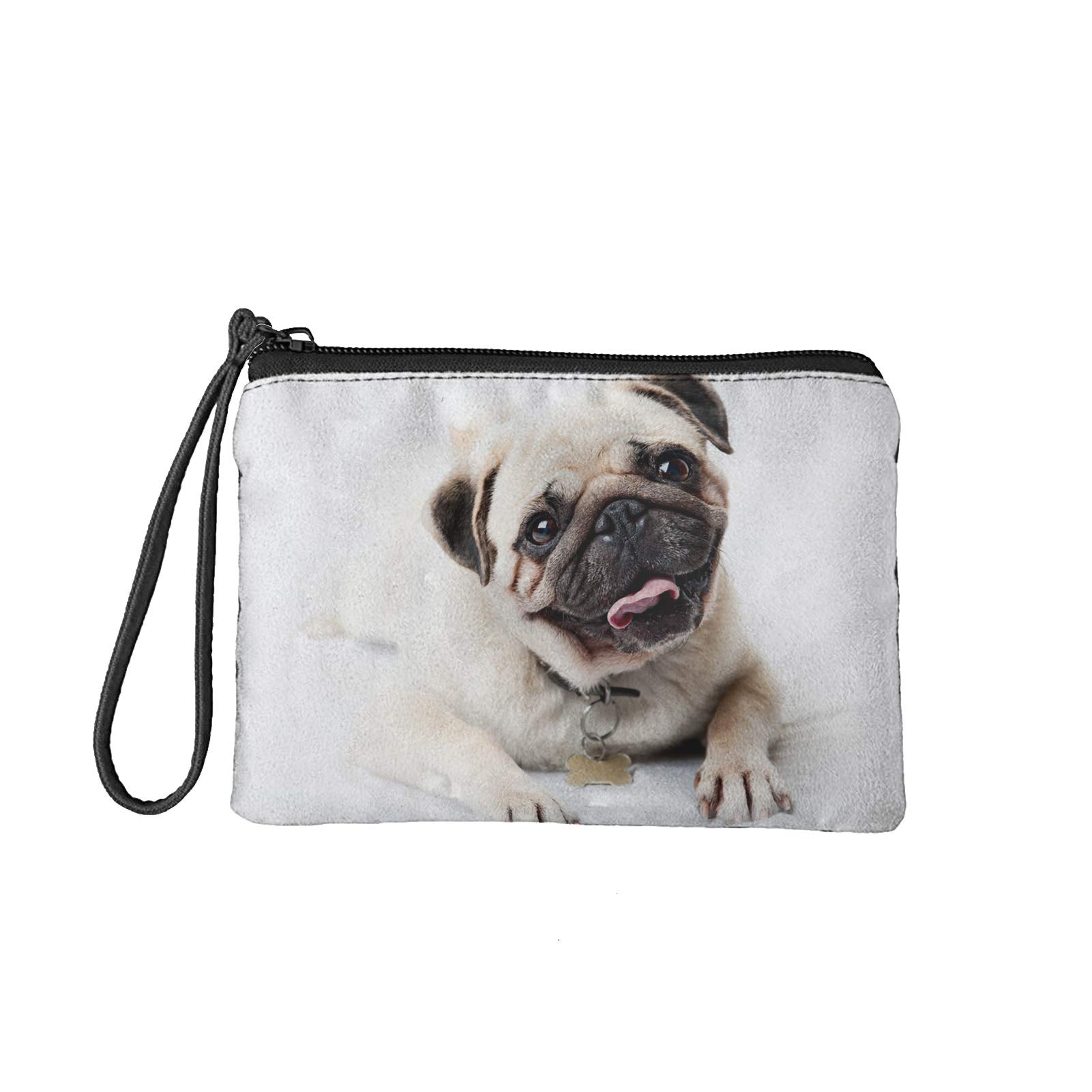 COEQINE Women's Small Coin Purse Cute Pug Print Bag Mini Pouch Fashion Wallet Tote Handbag with Zipper,White