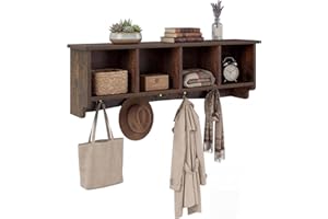 Giantex Wall Mounted Coat Rack, 28.5'' Wooden Floating Shelf with 4 Cubbies & 5 Double Hooks, Modern Space-Saving Storage Dis