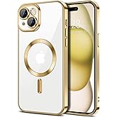 Hython Magnetic Clear for iPhone 15 Case with Camera Lens Protector [Compatible with MagSafe] Luxury Plating Edge Slim Soft TPU Cover Protective Phone Case for iPhone 15 6.1", Gold