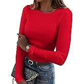 Zeagoo Womens Long Sleeve Stretch Crewneck Ribbed T-Shirt Slim Fit Casual Basic Tops S-XXL