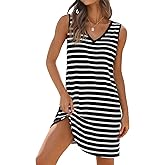 VIISHOW Women's Summer Dress Striped Print Sleeveless V Neck Tank Dress Loose Sundress Casual Dress for Women with Pockets