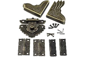 SHRJ 13Pcs Antique Engraved Latch Hasp Hinges Box Corner Protectors with Screws Kit Embossing European Gothic Style for Jewelry Wood Cases Repairing and Decoration