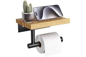 Tindbea Toilet Paper Holder with Wood Shelf, Wooden Wall Mount Tissue Roll Holder, Matte Black Stainless Steel Bathroom Accessories Decor for Household Home Apartment Restroom Essential (Red Oak)
