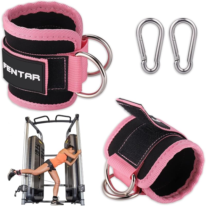 Fentar Adjustable Ankle Straps for Cable Machine Pink 2Pcs Double D Ring