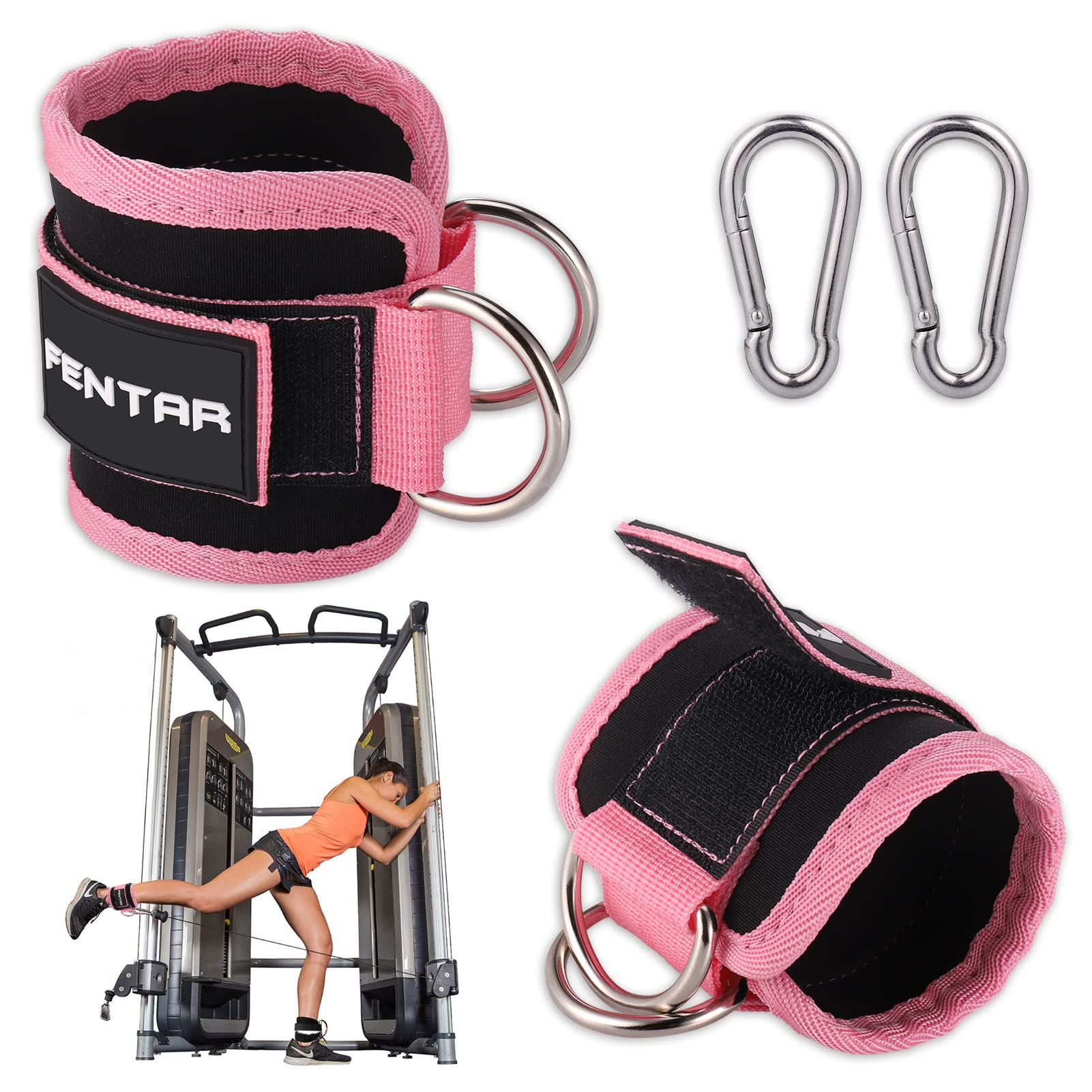 Fentar 2Pcs Adjustable Ankle Straps for Cable Machine, Comfortable Gym Ankle Cuffs, Double D-Ring, Fitness Leg Velcro Straps Exercise Attachment (Pink)