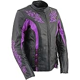 Milwaukee Leather LKL27002 Women's Premium Black and Purple Leather Embroidered Jacket with CE Armor Protection - Large