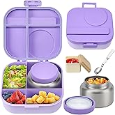BOSEDSANG Bento Lunch Box with 12oz Soup Thermo,4 Compartments Lunch Box Containers, Spoon&Sauce Jar, BPA Free&Leak proof,Insulated Food Jar for Travel(Purple)