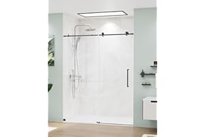 MORDEER Frameless Sliding Shower Door 56-60" W x 75" H, Ultra-Clear SGCC Tempered Glass Shower Door with Explosion-Proof Film, Shower Sliding Door with Round Rail, Reversible Installation, Matte Black