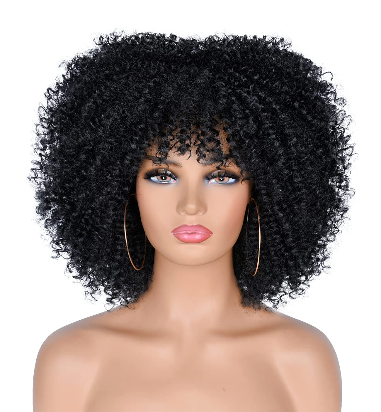 CoCrowns 10Inch Short Curly Afro Wigs with Bangs Bomb Afro Kinky Curly Wig for Black Women Synthetic Fiber Full Wig (Black) โ image 1