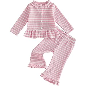 WZTYYDS Toddler Baby Girl Fall Clothes Ruffle Tops Flared Pants Set | Waffle Knit, Striped, Long Sleeve Button Down Shirt, Be