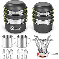 Odoland 16pcs Camping Cookware Mess Kit for 2 People, Lightweight Pot Pan Mini Stove with 2 Cups, Fork Spoon Kits for Backpac