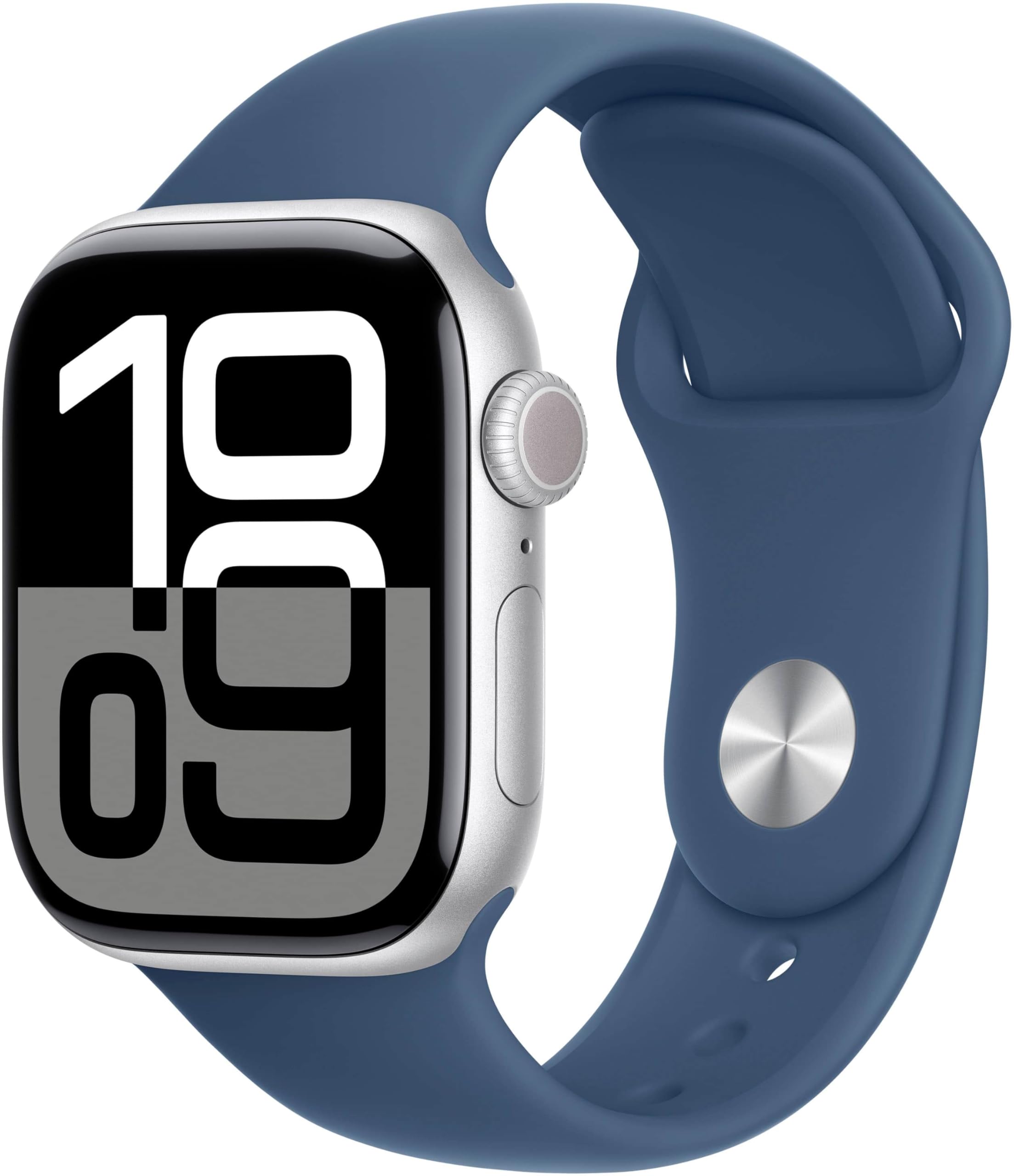 Apple Watch Series 10 [GPS + Cellular, 46mm] - Silver Aluminum Case with Denim Sport Band, S/M (Renewed) Image