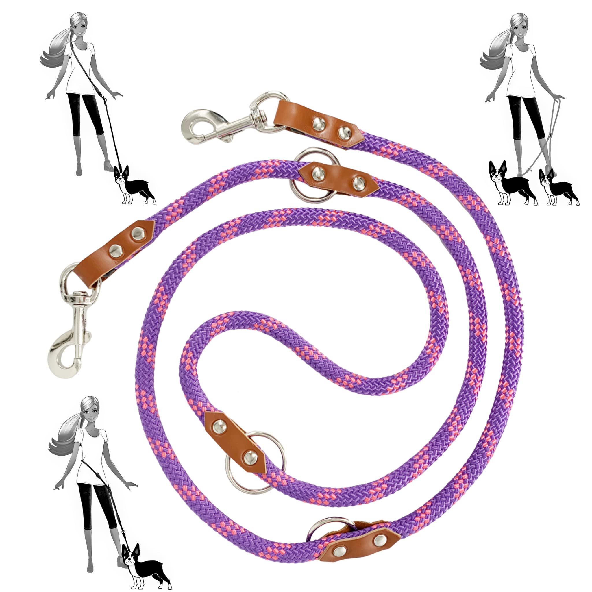 Hands Free Dog Lead, Nylon and Leather, Double Hooks for 2 Dogs Medium and Large. Multi Function, Multi Position, Running Leash. Made in Spain. 200cm. Violet Pink & Cognac