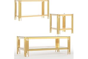 AF ARTISAN FURNITURE Glass Coffee Table Set of 3, Gold 2-Tier Clear Tempered Glass Coffee Table End Table and Console Table Set Mirrored Stainless Steel Frame, 3 Piece Living Room Table Set for Apartment Office