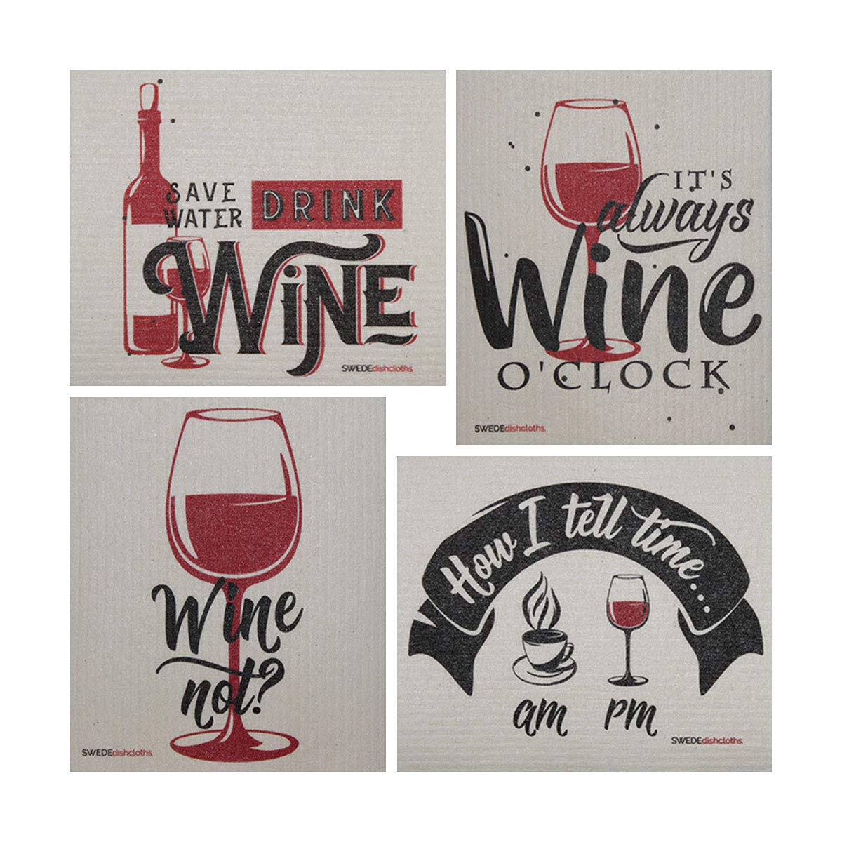 Wine Time Sayings Set of 4 cloths (One of each design) Swedish Dishcloths | ECO Friendly Absorbent Cleaning Cloth | Reusable Cleaning Wipes