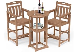 SUUNYN HDPE Outdoor Patio Bar Set with Bar Height Table and 2 Adirondack Chairs, All-Weather High Top Outside Round Pub Furniture for Bistro, Garden, Backyard, Deck | 3-Pieces, Teak
