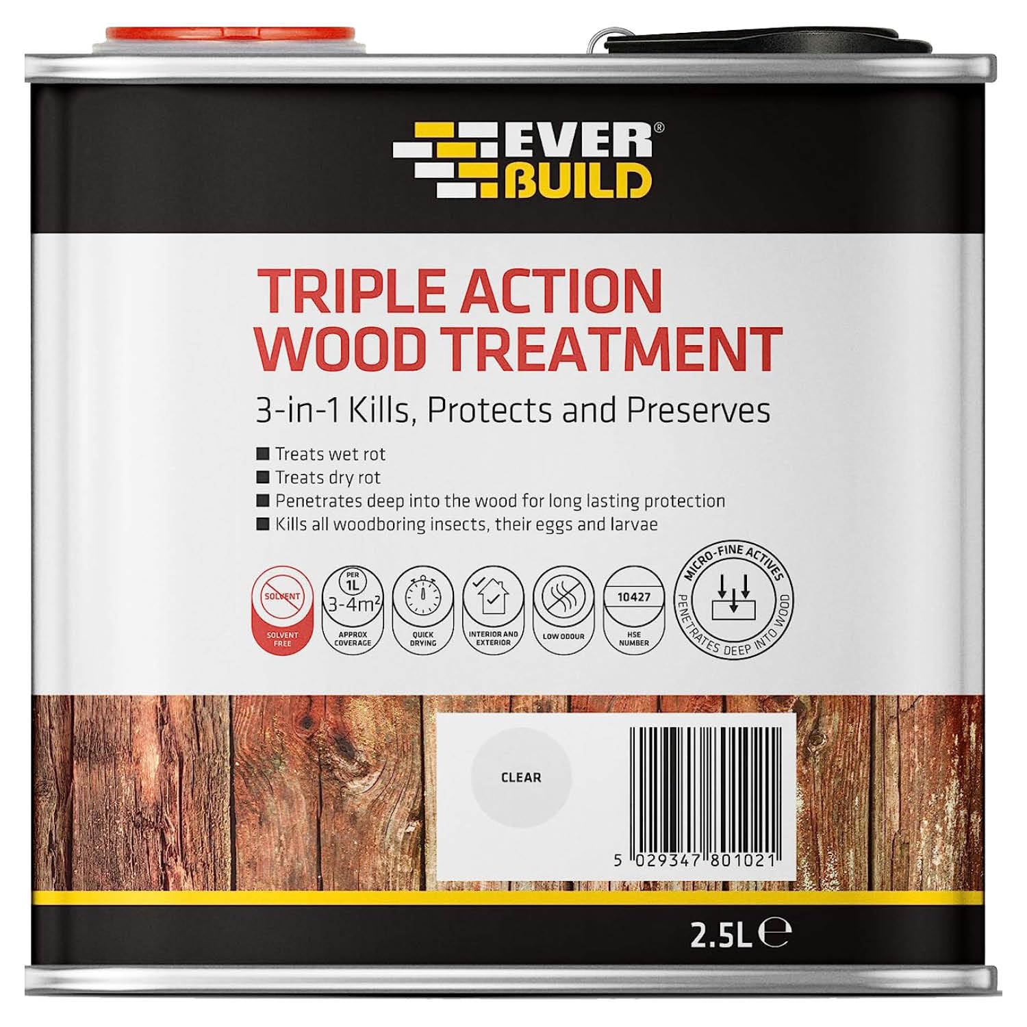 Everbuild LJUN02 Triple Action (Kills, Protects and Preserves) Wood Treatment, Clear, 2.5 Litre
