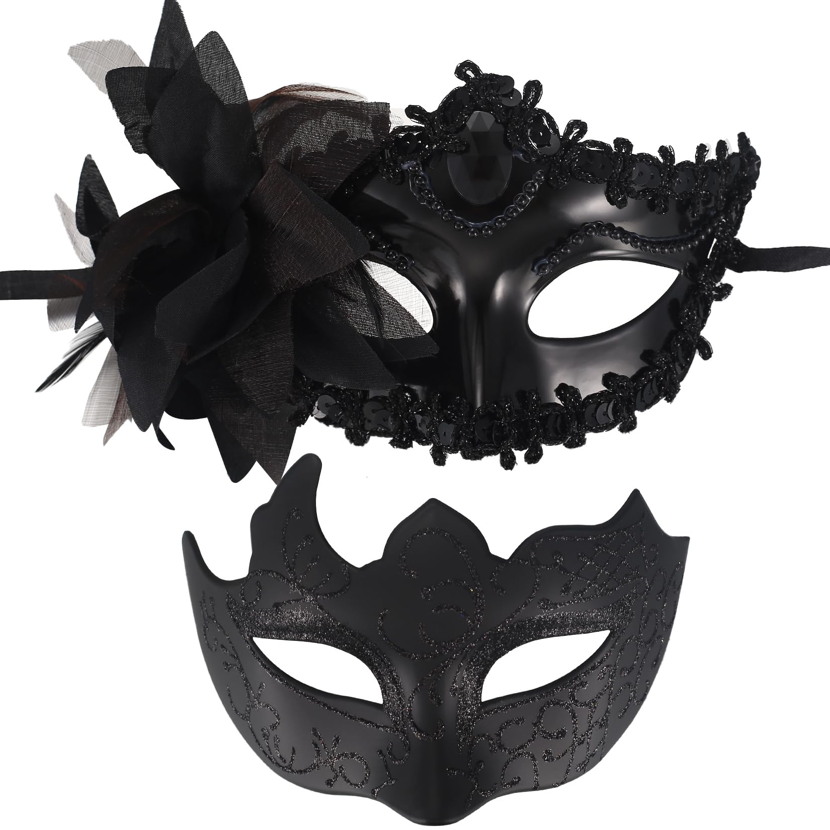 wugongshan 2 Pcs Masquerade Masks, Black Womens and Mens Venetian Party Lace Masquerade Ball Masks for Men Women Couples Halloween Dress-Up Mardi Gras Carnival Party