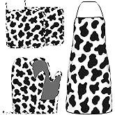 BOKEKANG Cow Print Oven Mitts and Pot Holders with Apron 5pcs Silicone Black White Cow Kitchen Mitten Gloves and Non-Slip Potholders Apron Set Heat Resistant Cowhide Oven Gloves Hot Pads for Baking