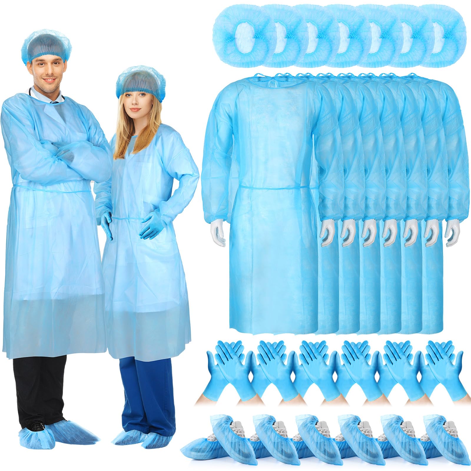 Photo 1 of Xuhal 30 Set Blue Disposable Isolation Gowns Set PPE Gowns Disposable Bouffant Caps with Elastic Cuffs Disposable Gloves and Shoe Covers for Labs Home Isolation Beauty Agencies Food Service