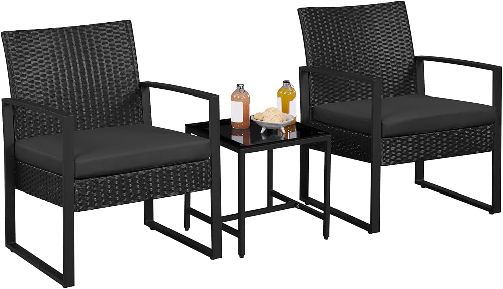Yaheetech 3-Piece Rattan Garden Set 2 Chairs Table Black Cushions