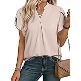 EVALESS Women's Dressy Casual Business Work Chiffon Blouses Tops Summer V Neck Cute Loose Petal Short Sleeve T-Shirts