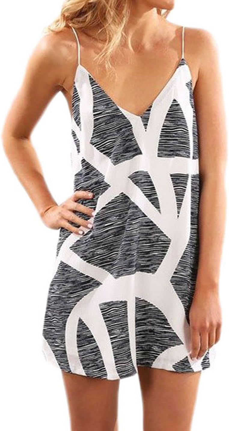 Womens Sexy Print Summer Beach Boho Straps Short Dress