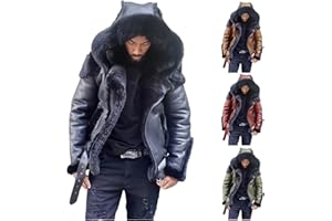 YSERB Winter Coat for Men with Hood Fur Collar Sherpa Lined Steampunk Faux Leather Jacket Motorcycle Jacket Overwear Outwear