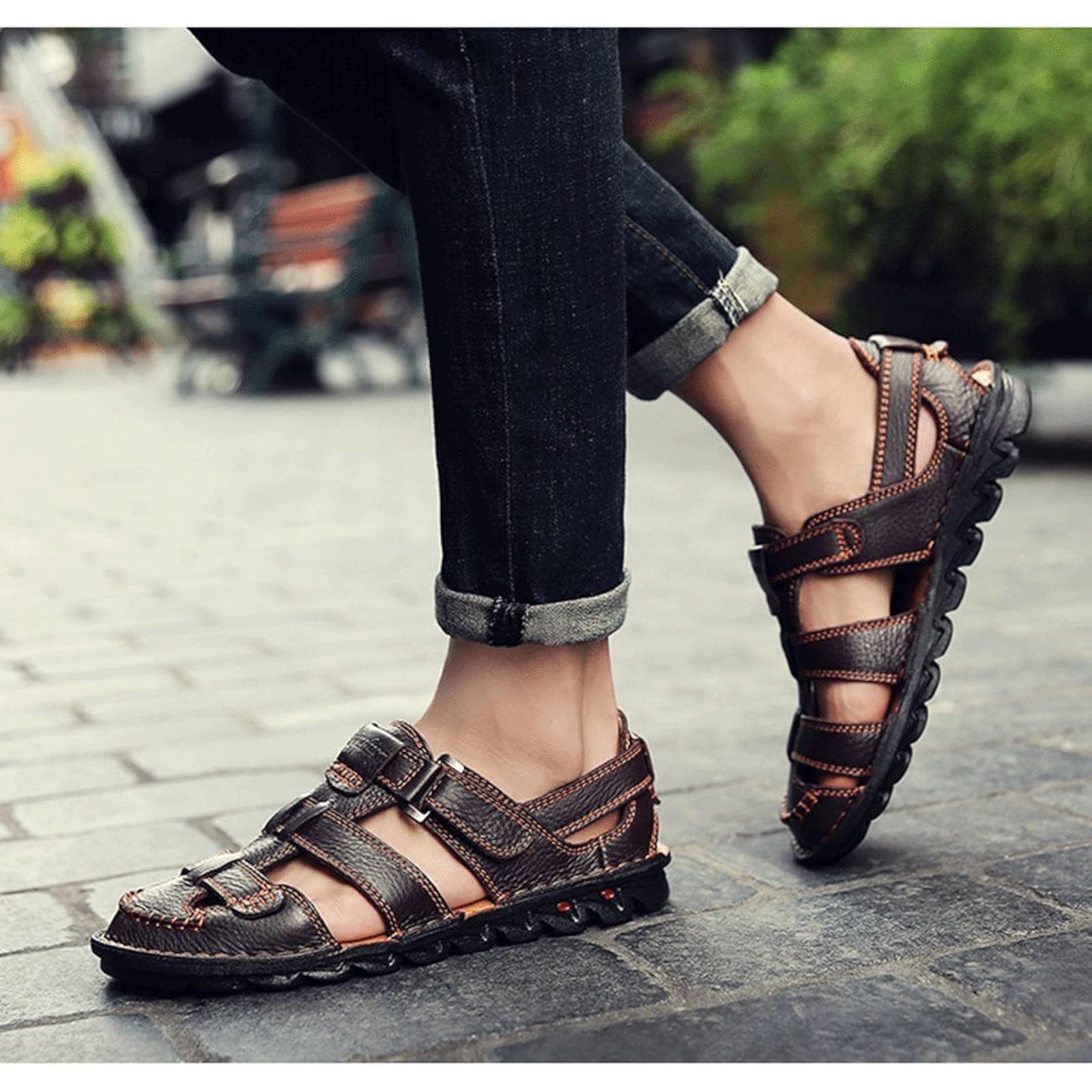 UPIShi Mens Casual Closed Toe Leather Sandals