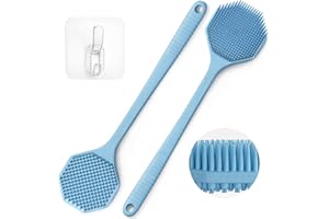 SILKLE Silicone Back Scrubber with Long Handle - Octagon Body Brush for Shower, Bath, and Exfoliating - Skin Cleansing, Back Scrub and Gentle Silicone Sponge - Wash Your Body with Easy Reach - Blue
