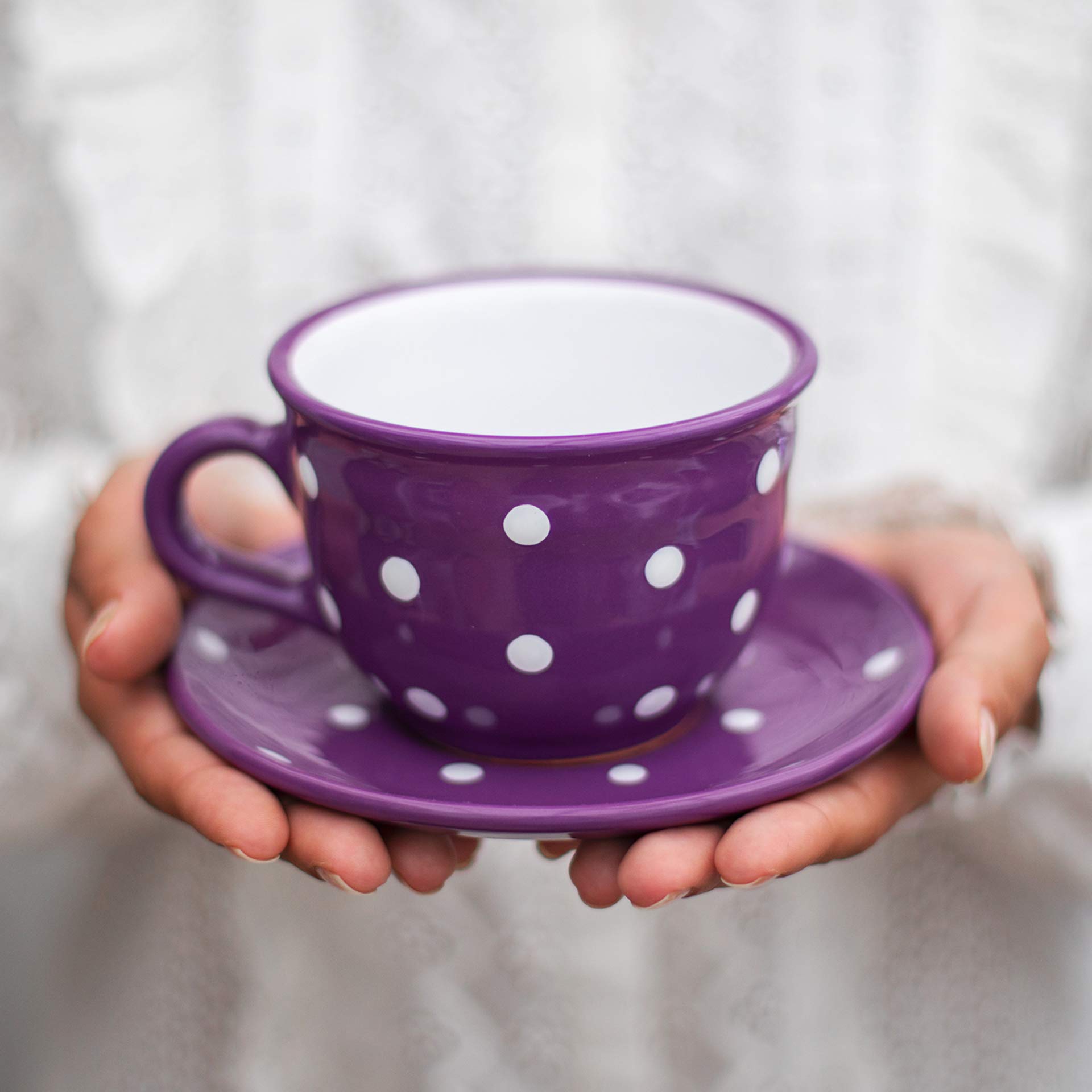 City to Cottage Purple and White | Polka Dot Spotty | Designer Handmade Hand Painted | Large Unique Ceramic 12oz/350ml | Cappuccino Coffee Tea Cup with Saucer | Gift