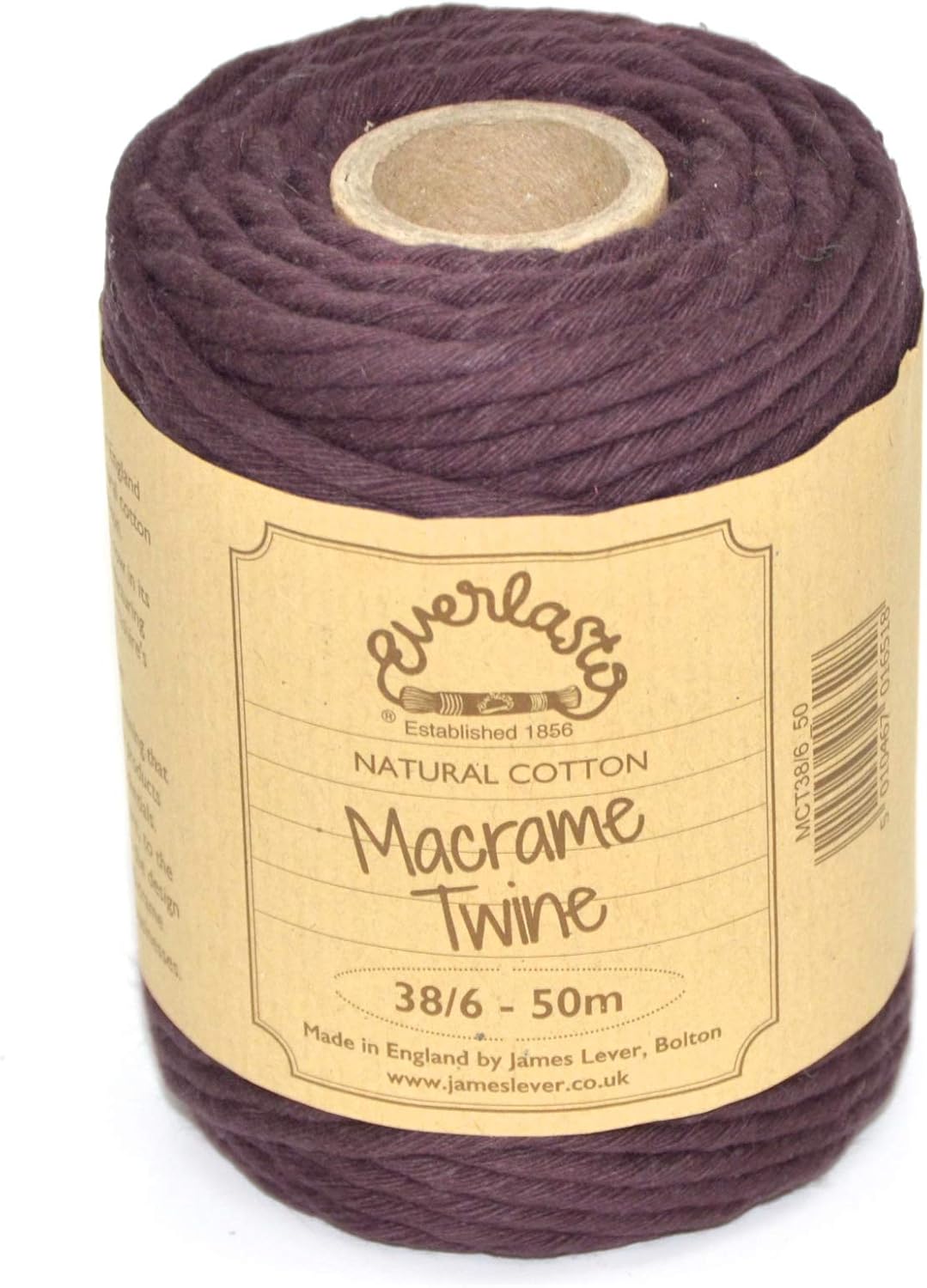 50M Spools - Everlasto Single Twist Soft Cotton Coloured Macrame Craft Twine 38/6 (4mm approx) (Brown)
