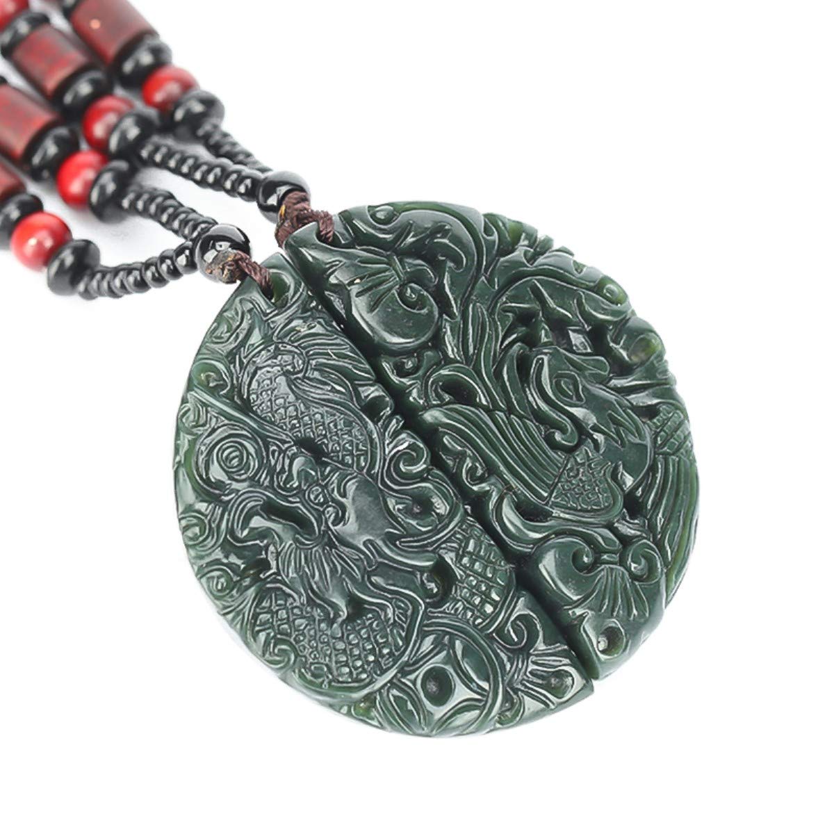 yigedan 2PCS Deep Green Natural Jade Jasper Dragon Phoenix Pendant
