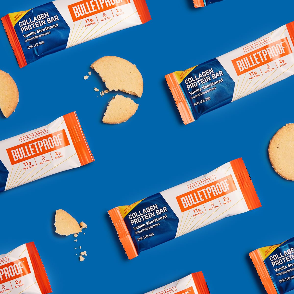 Bulletproof Vanilla Shortbread Collagen Protein Bars, Pack of 12, Keto-Friendly Snack with MCT Oil, 2g Sugar, No Added Sugar, Grass-Fed Collagen